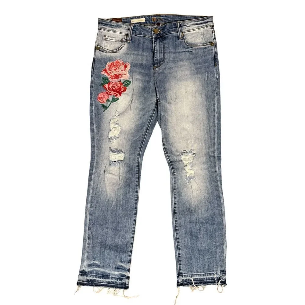 Kut From The Kloth Size 6 Reese Ankle Straight Jeans Rosette Floral Embroidered